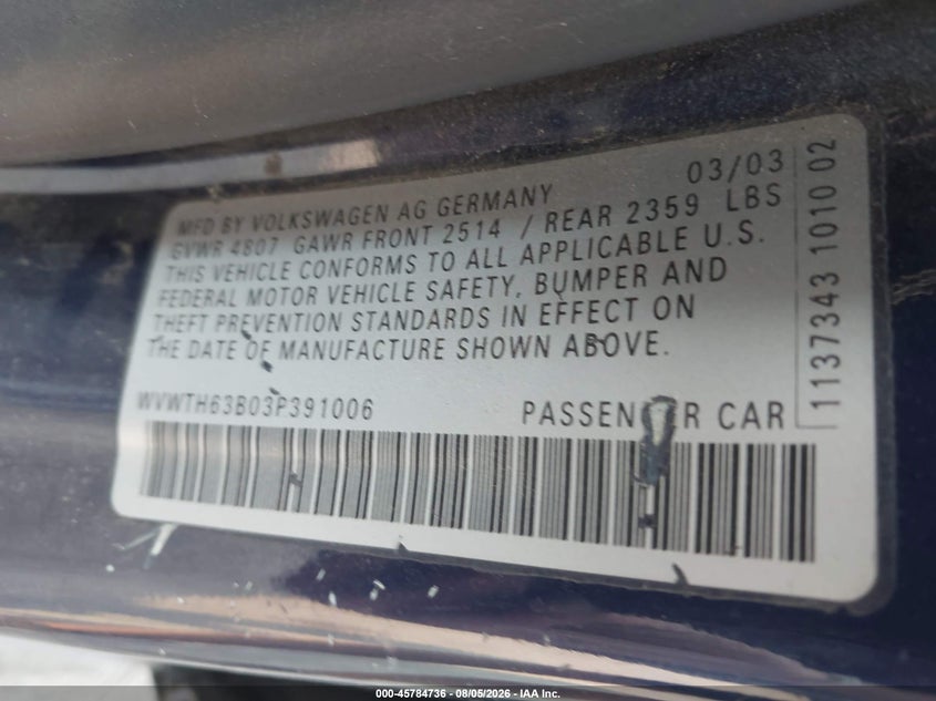 2003 Volkswagen Passat VIN WVWTH63B03P391006 IAAI salvage auction — FRONT END, Bill Of Sale (Washington), sold $275 on 2026-08-18 (photo 9)