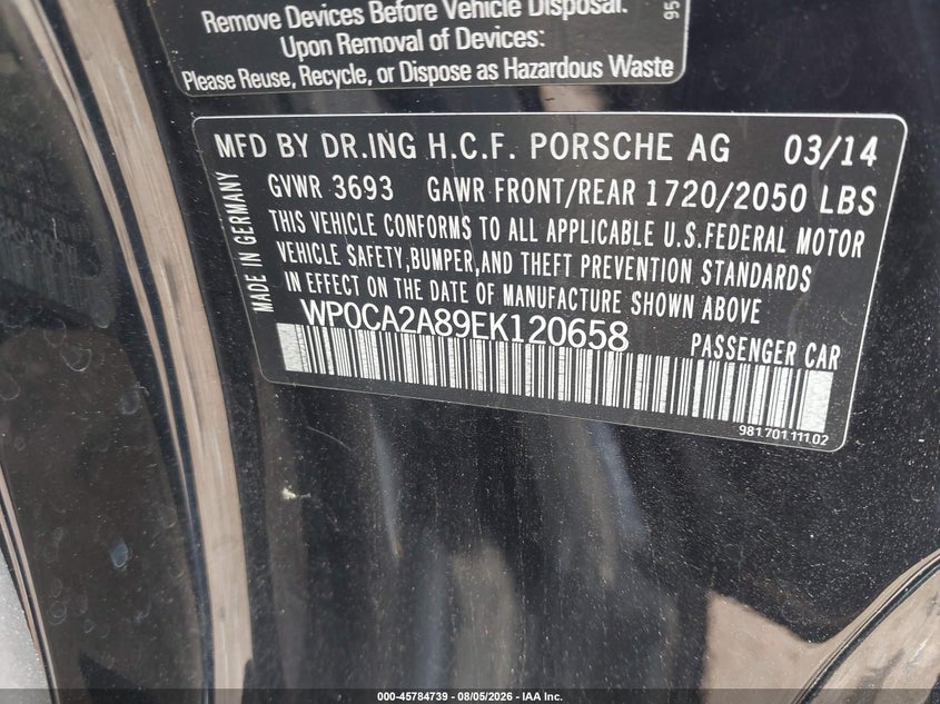 2014 Porsche Boxster VIN WP0CA2A89EK120658 IAAI salvage auction — FRONT END, Salvage Title, sold $16,075 on 2026-08-31 (photo 9)