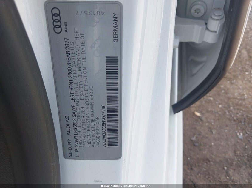 2017 Audi A7 VIN WAUW3AFC8HN077266 IAAI salvage auction — FRONT END, Wait Title, sold $6,300 on 2026-08-22 (photo 9)