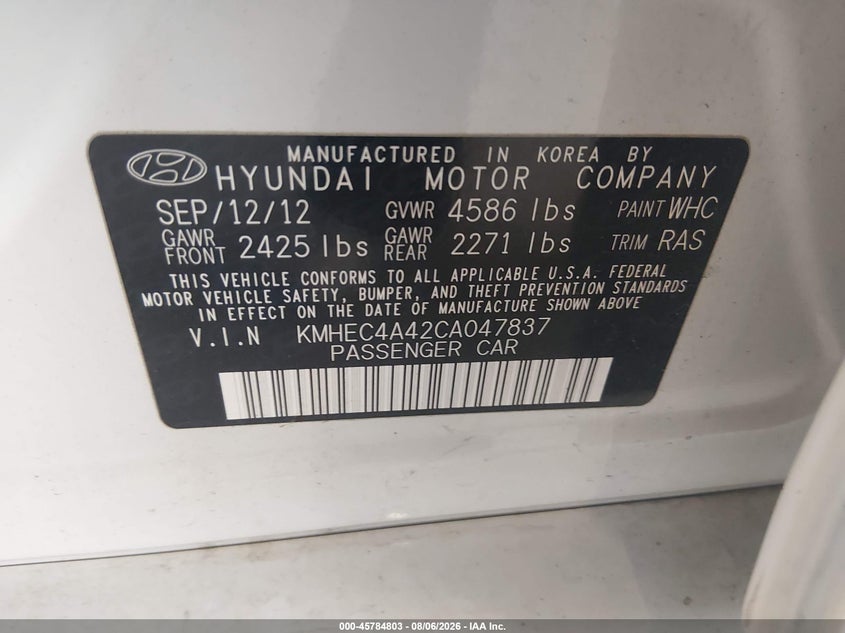 2012 Hyundai VIN KMHEC4A42CA047837 IAAI salvage auction — LEFT REAR, Clear (Tennessee), sold $900 on 2026-08-21 (photo 9)