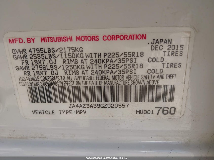 2016 Mitsubishi Outlander VIN JA4AZ3A39GZ020557 IAAI salvage auction — FRONT END, Salvage Title, sold $1,200 on 2026-09-10 (photo 9)