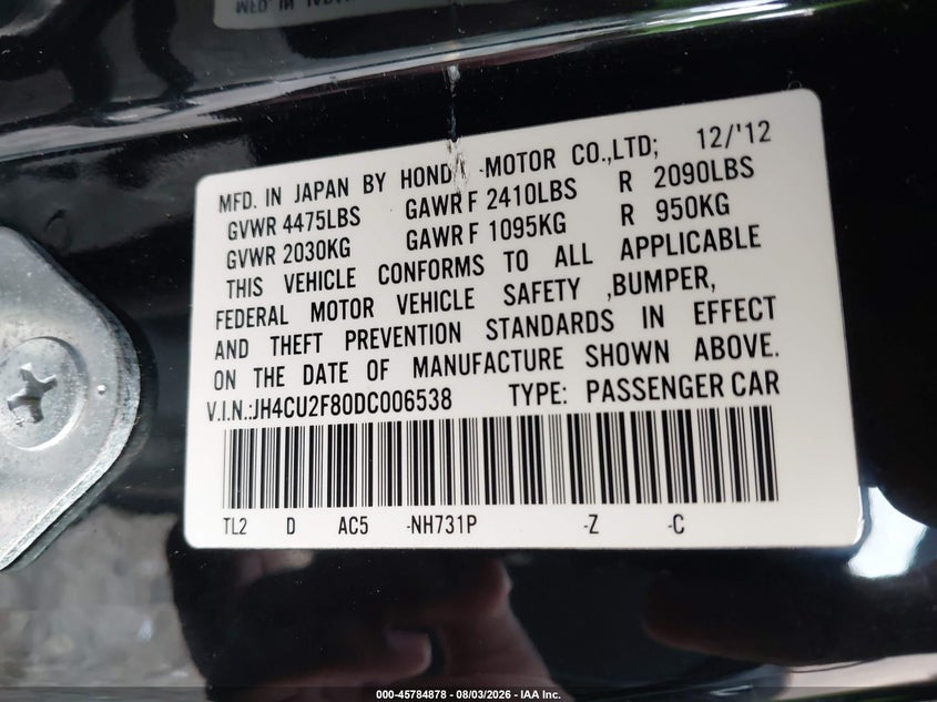 2013 Acura Tsx VIN JH4CU2F80DC006538 IAAI salvage auction — RIGHT SIDE, Rebuildable (Florida), sold $1,200 on 2026-08-28 (photo 9)
