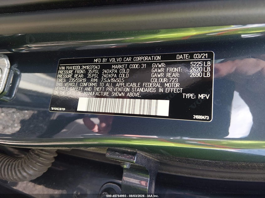 2021 Volvo Xc60 VIN YV4102DL2M1837043 IAAI salvage auction — SIDE, Salvage (South Carolina), sold $10,750 on 2026-09-15 (photo 9)