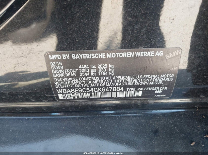 2016 BMW 3er VIN WBA8E9C54GK647884 IAAI salvage auction — UNKNOWN, Salvage Title, sold $575 on 2026-08-19 (photo 9)