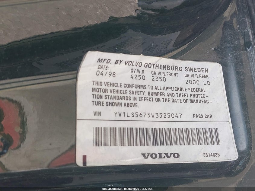 1998 Volvo S70 VIN YV1LS5675W3525047 IAAI salvage auction — SIDE, Salvage - Greater Than 75% (Maryland), sold $250 on 2026-08-20 (photo 9)