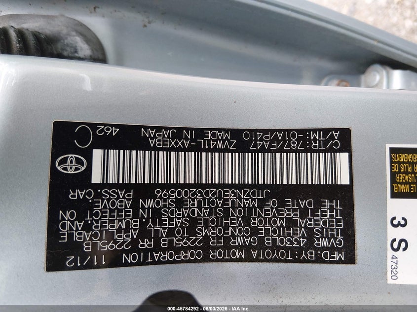 2013 Toyota Prius v VIN JTDZN3EU2D3200596 IAAI salvage auction — REAR END, Clear (Virginia), sold $8,700 on 2026-08-11 (photo 9)