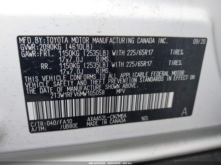 2021 Toyota Rav 4 VIN 2T3W1RFV6MW105058 IAAI salvage auction — FRONT END, Wait Title, sold $9,800 on 2026-08-23 (photo 9)