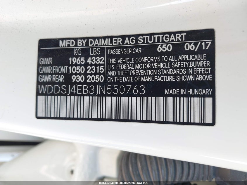 2018 Mercedes-benz Cla-klasse VIN WDDSJ4EB3JN550763 IAAI salvage auction — LEFT REAR, Original (Texas), sold $2,450 on 2026-08-06 (photo 9)