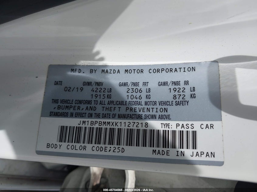2019 Mazda 3 VIN JM1BPBMMXK1127218 IAAI salvage auction — FRONT & REAR, Salvage Title, sold $2,725 on 2026-08-27 (photo 9)