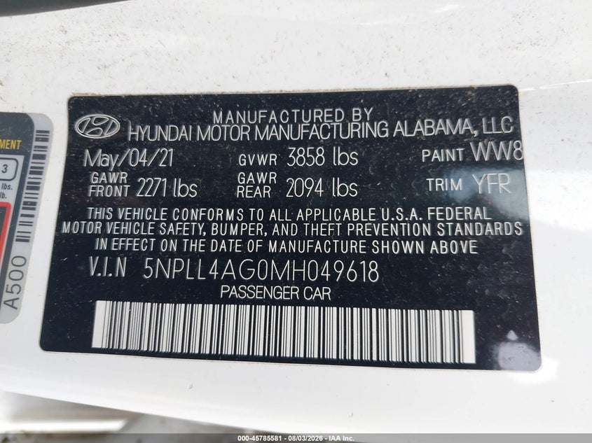 2021 Hyundai Elantra VIN 5NPLL4AG0MH049618 IAAI salvage auction — NORMAL WEAR, Sf97 (New York), sold $8,150 on 2026-08-20 (photo 9)