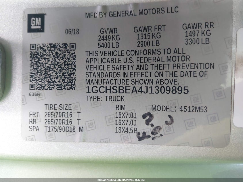 2018 Chevrolet Colorado VIN 1GCHSBEA4J1309895 IAAI salvage auction — FRONT END, Salvage Title, sold $3,350 on 2026-09-03 (photo 9)