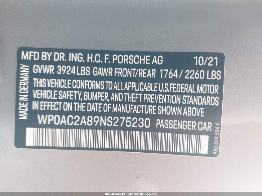 2022 Porsche 718 cayman VIN WP0AC2A89NS275230 IAAI salvage auction — ELECTRICAL, Salvage (Massachusetts), sold $57,500 on 2026-09-08 (photo 9)