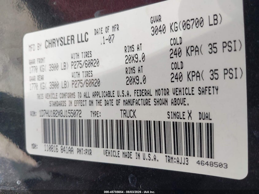 2008 Dodge Ram 1500 VIN 1D7HU182X8J155072 IAAI salvage auction — ALL OVER, Clear (Oklahoma), sold $775 on 2026-08-22 (photo 9)