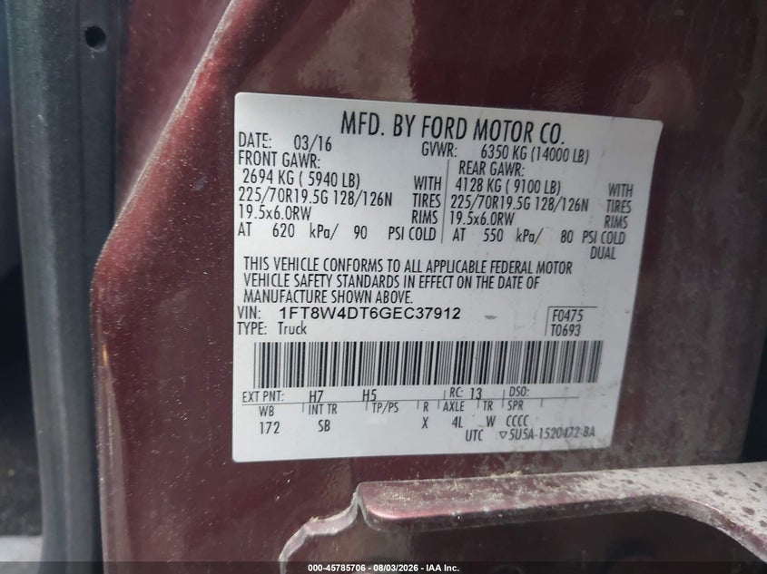 2016 Ford F450 VIN 1FT8W4DT6GEC37912 IAAI salvage auction — FRONT END, Salvage Title, sold $21,400 on 2026-08-14 (photo 8)
