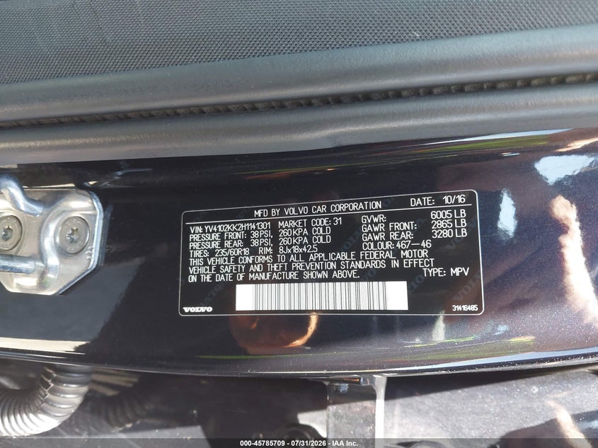 2017 Volvo Xc90 VIN YV4102KK2H1141301 IAAI salvage auction — NORMAL WEAR, Salvage Title, sold $1,050 on 2026-08-13 (photo 9)