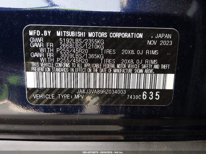 2024 Mitsubishi Outlander VIN JA4J3VA89RZ034003 IAAI salvage auction — LEFT SIDE, Wait Title, sold $9,500 on 2026-09-16 (photo 9)