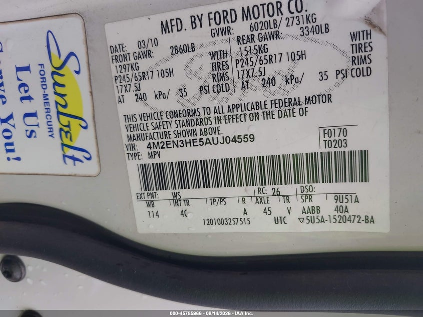 2010 Mercury Mountaineer VIN 4M2EN3HE5AUJ04559 IAAI salvage auction — NORMAL WEAR, Clear (Alabama), sold $200 on 2026-09-08 (photo 9)