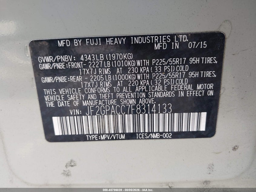 2015 Subaru Xv VIN JF2GPACC7F8314133 IAAI salvage auction — NORMAL WEAR, Original (Texas), sold $1,975 on 2026-09-07 (photo 9)
