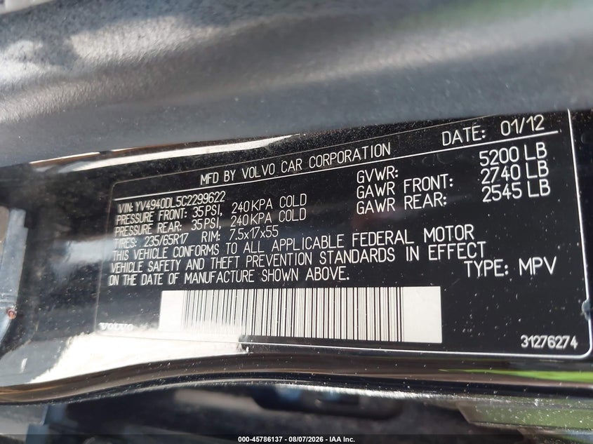 2012 Volvo Xc60 VIN YV4940DL5C2299622 IAAI salvage auction — FRONT END, Wait Title, sold $500 on 2026-08-12 (photo 9)