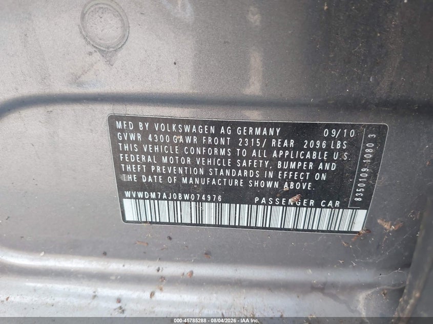 2011 Volkswagen Golf VIN WVWDM7AJ0BW074976 IAAI salvage auction — NORMAL WEAR, Clear (Texas), sold $1,000 on 2026-08-13 (photo 9)
