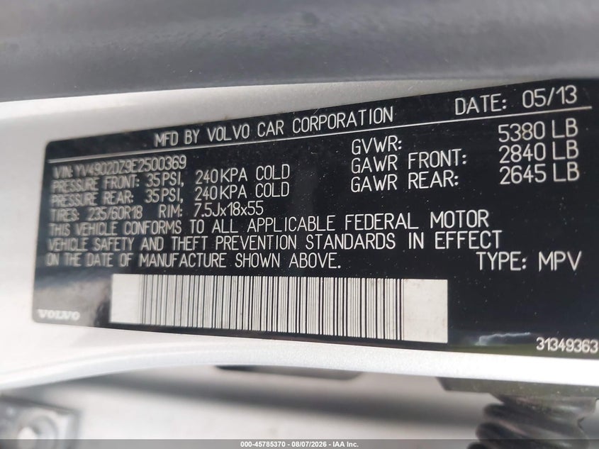 2014 Volvo Xc60 VIN YV4902DZ9E2500369 IAAI salvage auction — NORMAL WEAR, Clear (Indiana), sold $1,050 on 2026-08-12 (photo 9)