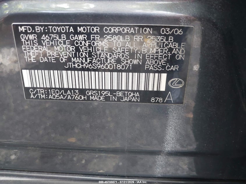 2006 Lexus Gs 300 VIN JTHCH96S960018071 IAAI salvage auction — FRONT END, Salvage (Virginia), sold $1,500 on 2026-09-06 (photo 9)