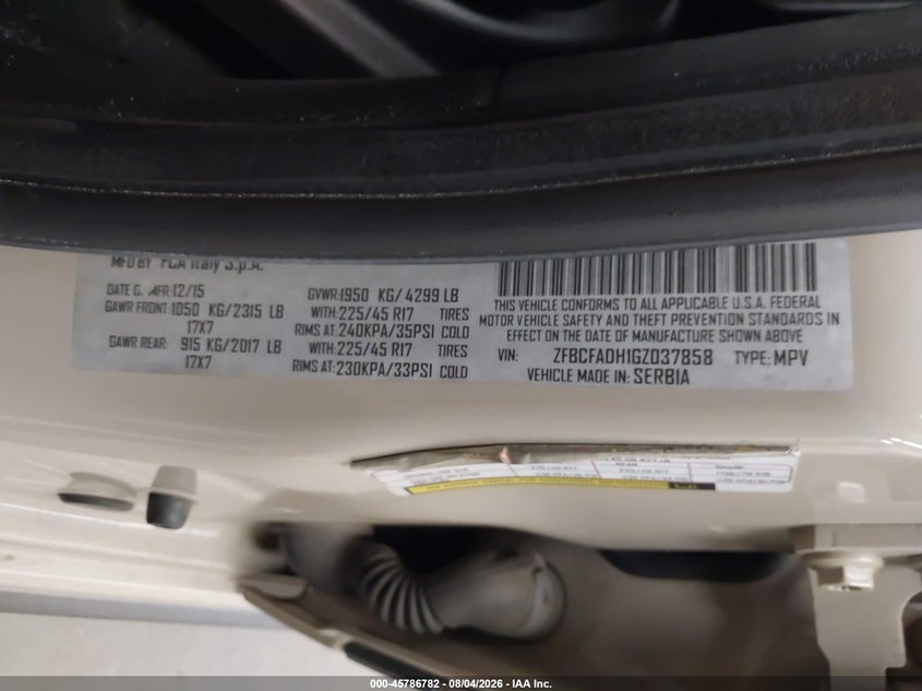2016 Fiat 500l VIN ZFBCFADH1GZ037858 IAAI salvage auction — REAR END, Salvage Title, sold $2,200 on 2026-08-16 (photo 9)