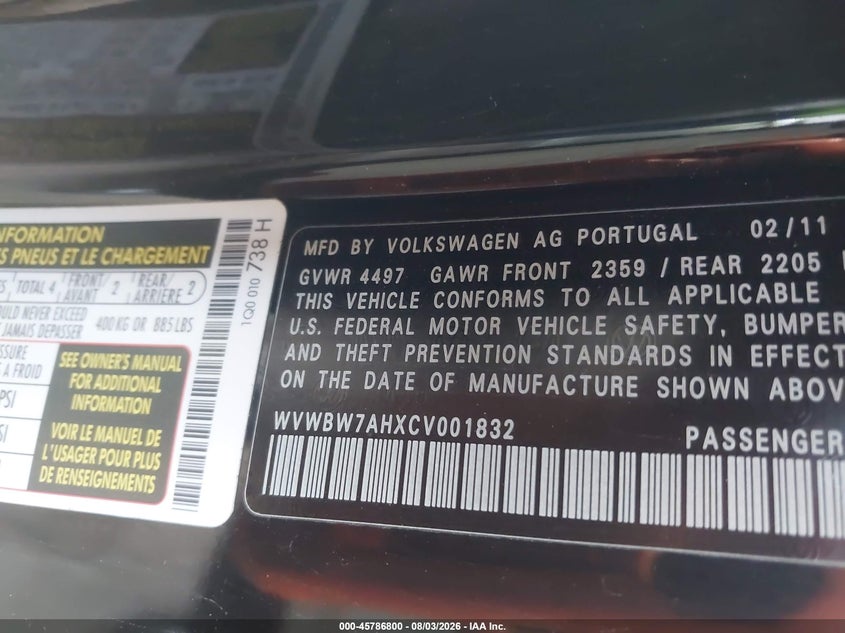 2012 Volkswagen Eos VIN WVWBW7AHXCV001832 IAAI salvage auction — NORMAL WEAR, Clear-Dealer Only (Arizona), sold $225 on 2026-08-11 (photo 9)