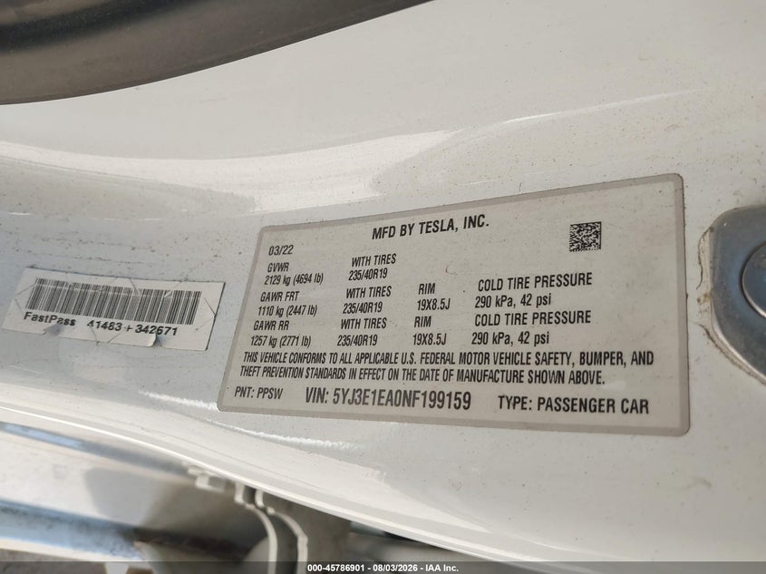 2022 Tesla Model 3 VIN 5YJ3E1EA0NF199159 IAAI salvage auction — SIDE, Salvage Title, sold $2,750 on 2026-09-26 (photo 9)