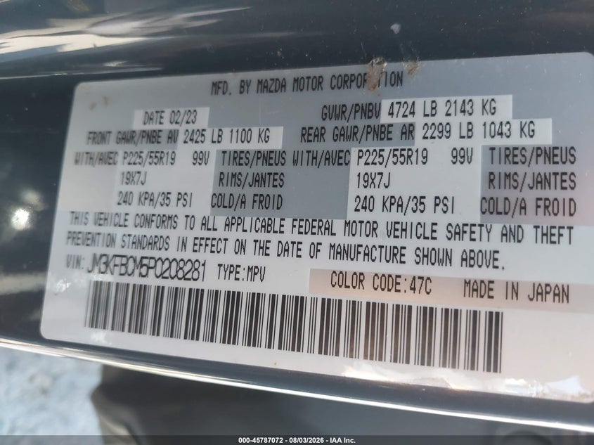 2023 Mazda Cx-5 VIN JM3KFBCM5P0208281 IAAI salvage auction — SIDE, Salvage Title, sold $7,600 on 2026-08-29 (photo 9)