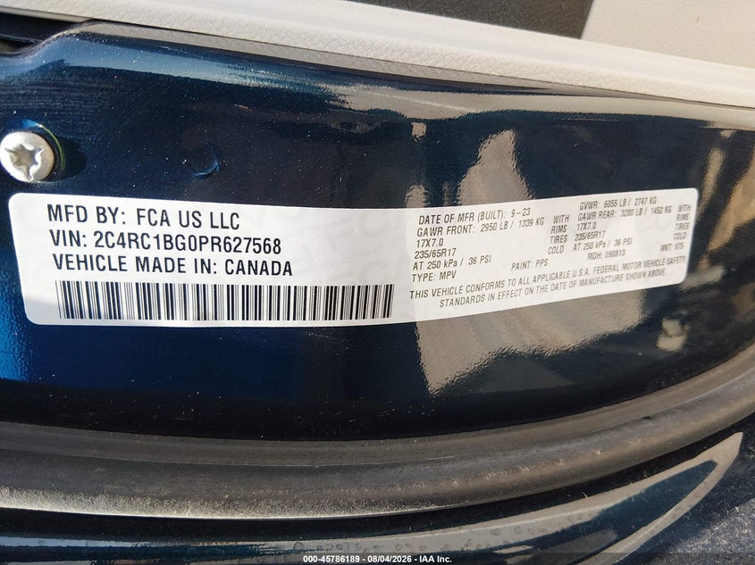 2023 Chrysler Pacifica VIN 2C4RC1BG0PR627568 IAAI salvage auction — NORMAL WEAR, Salvage Title, sold $9,300 on 2026-08-19 (photo 9)