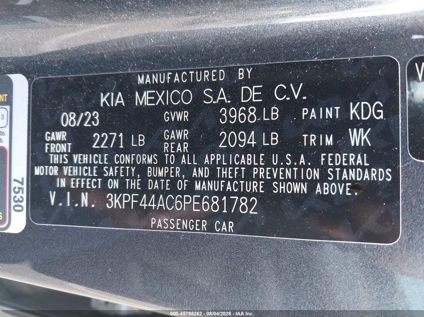 2023 Kia Forte VIN 3KPF44AC6PE681782 IAAI salvage auction — REAR END, Salvage Title, sold $4,000 on 2026-08-29 (photo 9)