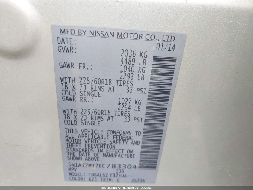 2014 Nissan Rogue VIN 5N1AT2MT2EC783304 IAAI salvage auction — NORMAL WEAR, Clear (Virginia), sold $750 on 2026-08-27 (photo 9)