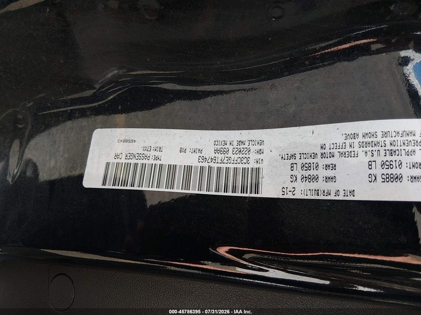 2015 Fiat 500 VIN 3C3CFFGE7FT647463 IAAI salvage auction — NORMAL WEAR, Wait Title, sold $175 on 2026-08-13 (photo 9)