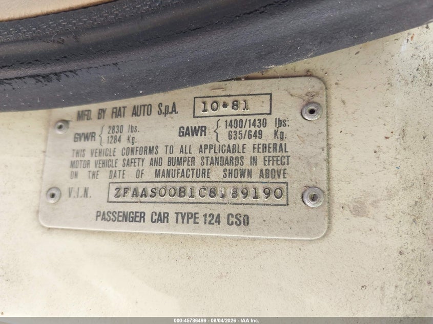 1982 Fiat 124 spider VIN ZFAAS00B1C8189190 IAAI salvage auction — NORMAL WEAR, Clear (Montana), sold $875 on 2026-08-12 (photo 9)