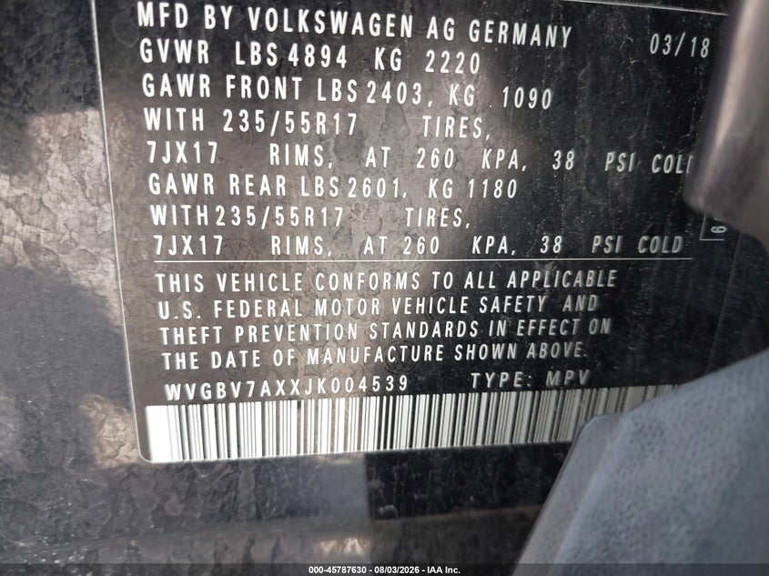 2018 Volkswagen Tiguan VIN WVGBV7AXXJK004539 IAAI salvage auction — REAR END, Salvage Title, sold $3,475 on 2026-08-19 (photo 9)