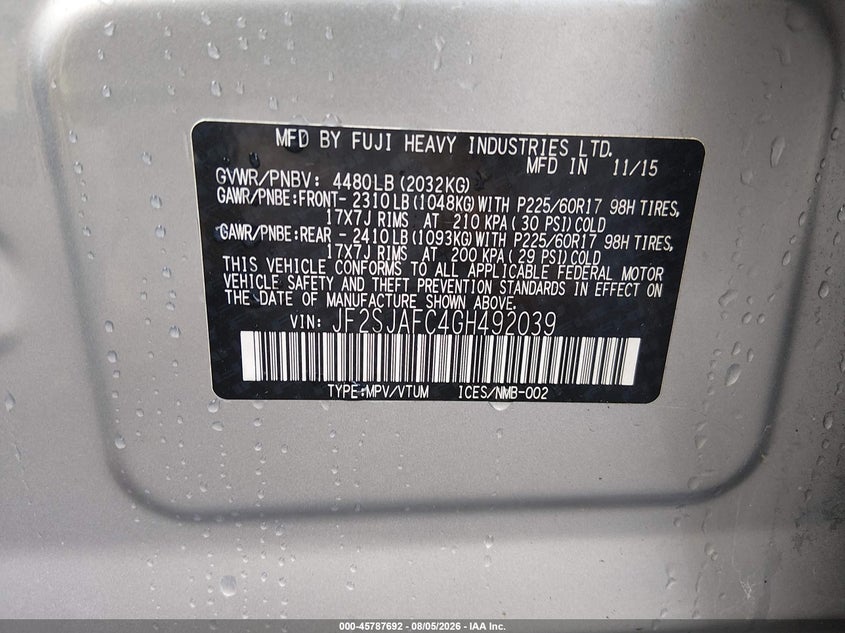 2016 Subaru Forester VIN JF2SJAFC4GH492039 IAAI salvage auction — LEFT & RIGHT, Salvage - Greater Than 75% (Maryland), sold $2,800 on 2026-08-21 (photo 9)