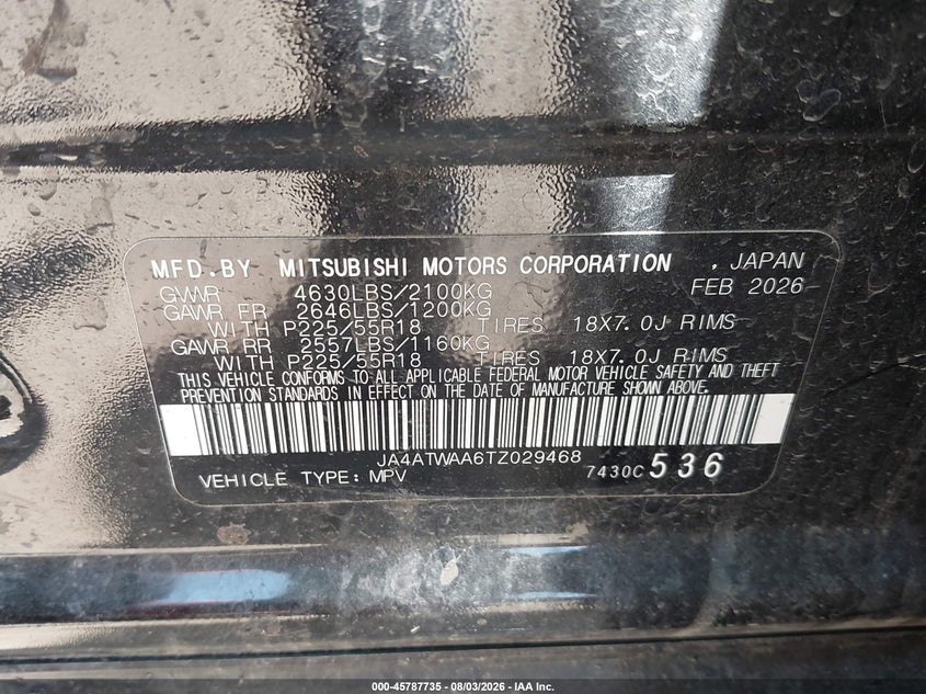 2026 Mitsubishi Eclipse cross VIN JA4ATWAA6TZ029468 IAAI salvage auction — WATER/FLOOD, Enterprise Vehicles Salvage Only (Texas), sold $10,000 on 2026-08-10 (photo 9)
