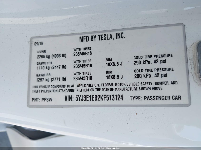 2019 Tesla Model 3 VIN 5YJ3E1EB2KF513124 IAAI salvage auction — FRONT END, Salvage (California), sold $3,000 on 2026-08-29 (photo 9)
