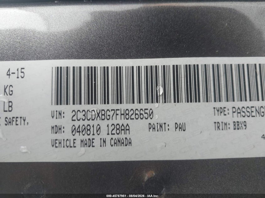 2015 Dodge Charger VIN 2C3CDXBG7FH826650 IAAI salvage auction — REAR END, Salvage (California), sold $2,175 on 2026-09-28 (photo 9)
