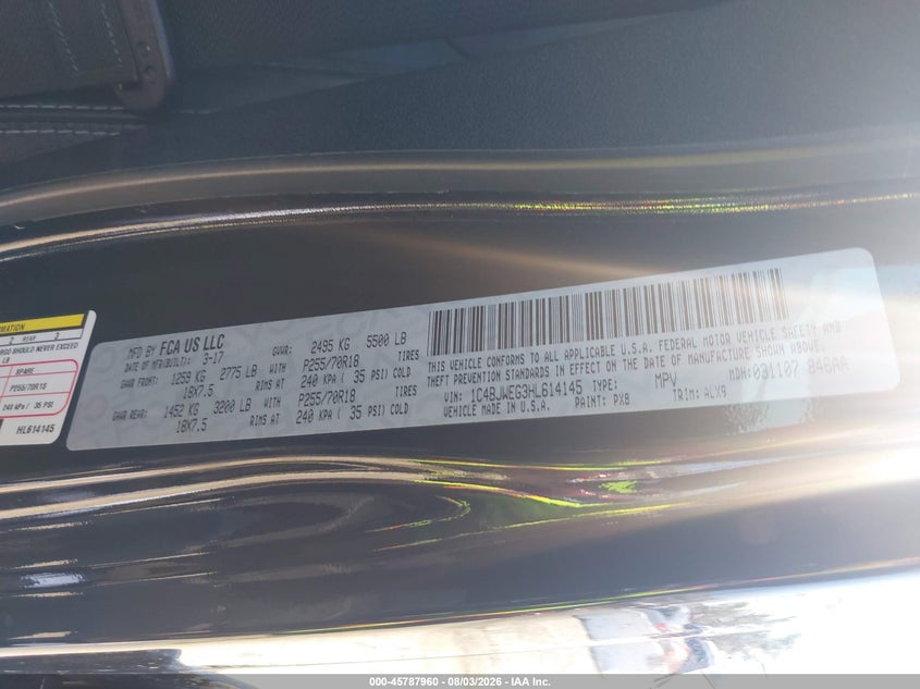 2017 Jeep Wrangler / VIN 1C4BJWEG3HL614145 IAAI salvage auction — ROLLOVER, Salvage Title, sold $7,150 on 2026-08-25 (photo 9)