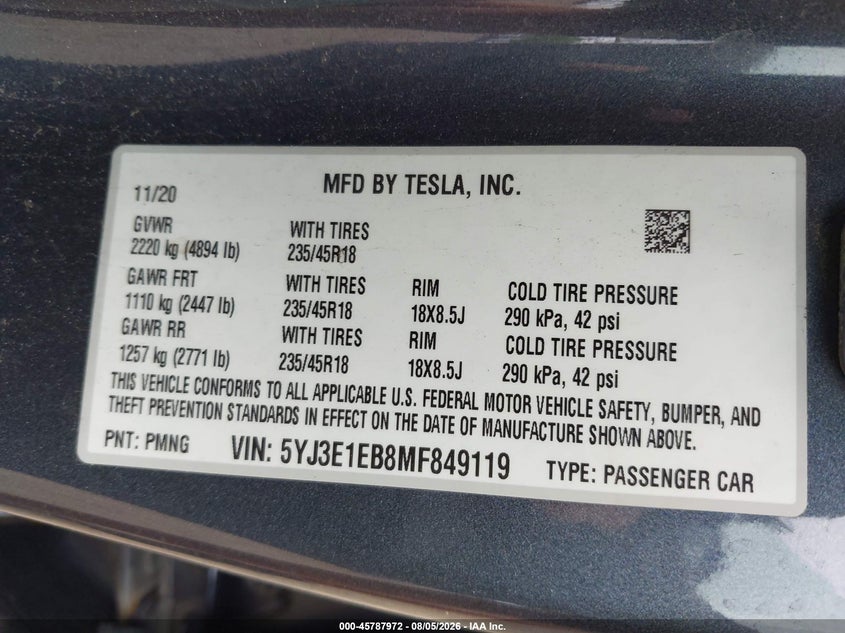 2021 Tesla Model 3 VIN 5YJ3E1EB8MF849119 IAAI salvage auction — FRONT END, Salvage Title, sold $9,750 on 2026-09-09 (photo 9)