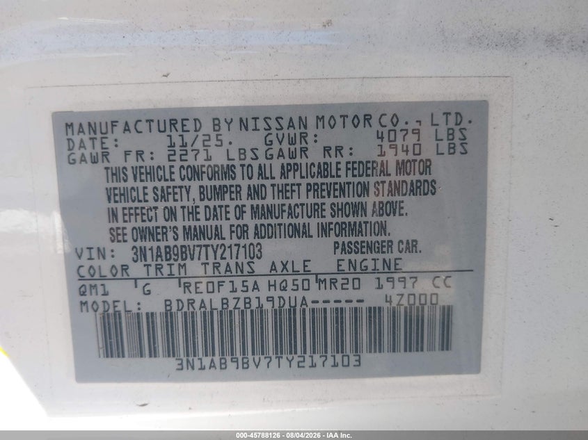 2026 Nissan Sentra VIN 3N1AB9BV7TY217103 IAAI salvage auction — WATER/FLOOD, Salvage Title, sold $8,800 on 2026-08-20 (photo 9)