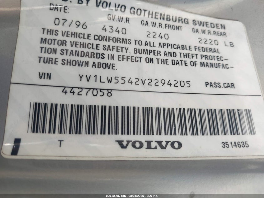 1997 Volvo 850 VIN YV1LW5542V2294205 IAAI salvage auction — NORMAL WEAR, Salvage (California), sold $150 on 2026-08-12 (photo 9)
