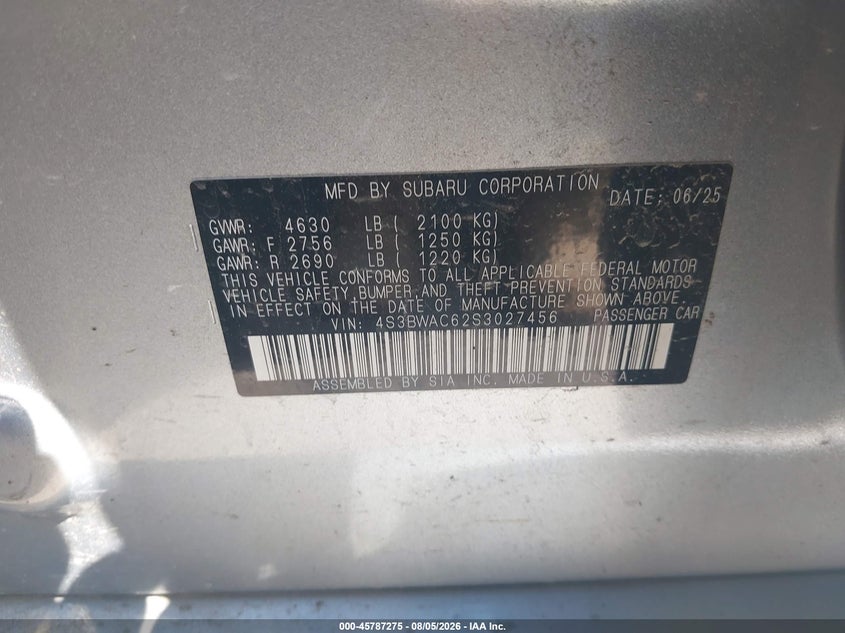 2025 Subaru LEGACY VIN 4S3BWAC62S3027456 IAAI salvage auction — VANDALISM, Original (Ohio), sold $10,900 on 2026-08-18 (photo 9)