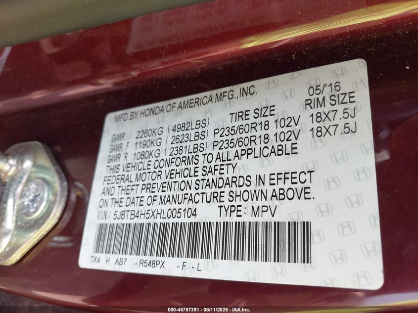 2017 Acura Rdx VIN 5J8TB4H5XHL005104 IAAI salvage auction — UNDERCARRIAGE, Salvage (Massachusetts), sold $4,000 on 2026-09-01 (photo 9)