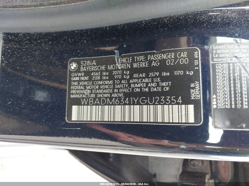 2000 BMW 5 series VIN WBADM6341YGU23354 IAAI salvage auction — NORMAL WEAR, Clear (Virginia), sold $550 on 2026-08-14 (photo 9)