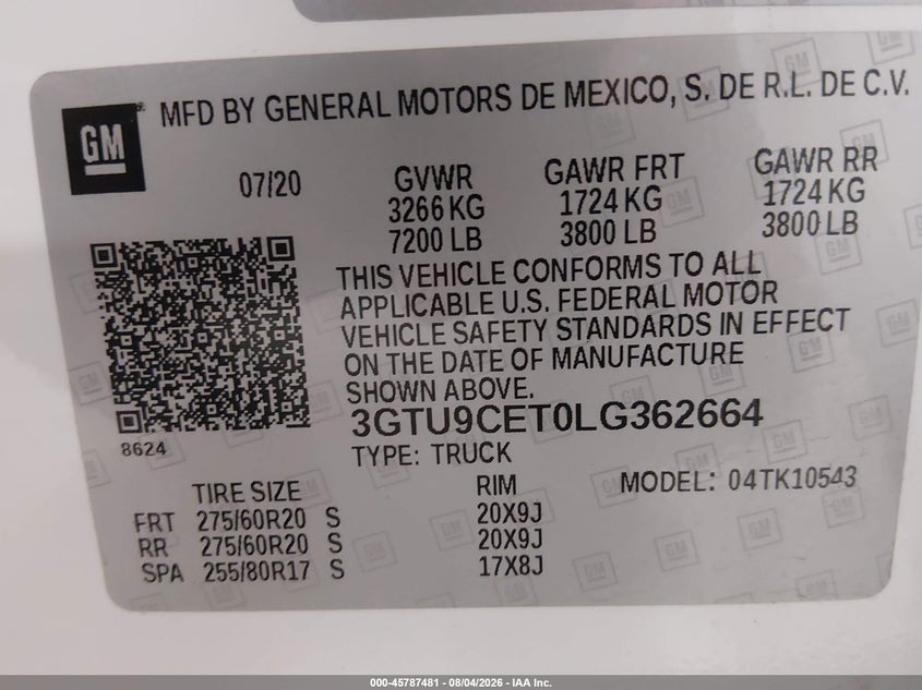 2020 Gmc SIERRA VIN 3GTU9CET0LG362664 IAAI salvage auction — FRONT END, Original (Alaska), sold $17,500 on 2026-08-21 (photo 9)