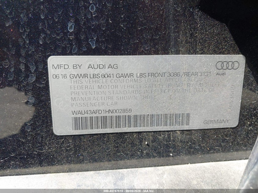 2017 Audi A8 VIN WAU43AFD1HN002859 IAAI salvage auction — FRONT END, Salvage Title, sold $3,800 on 2026-09-04 (photo 9)