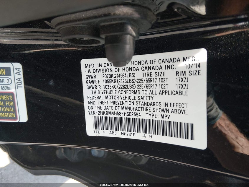 2015 Honda Cr-v VIN 2HKRM4H58FH602594 IAAI salvage auction — REAR END, Salvage (Illinois), sold $4,000 on 2026-09-10 (photo 9)